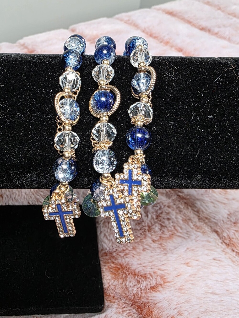 Gold Accent Blue Crystal Cross Stretch Bracelet Set